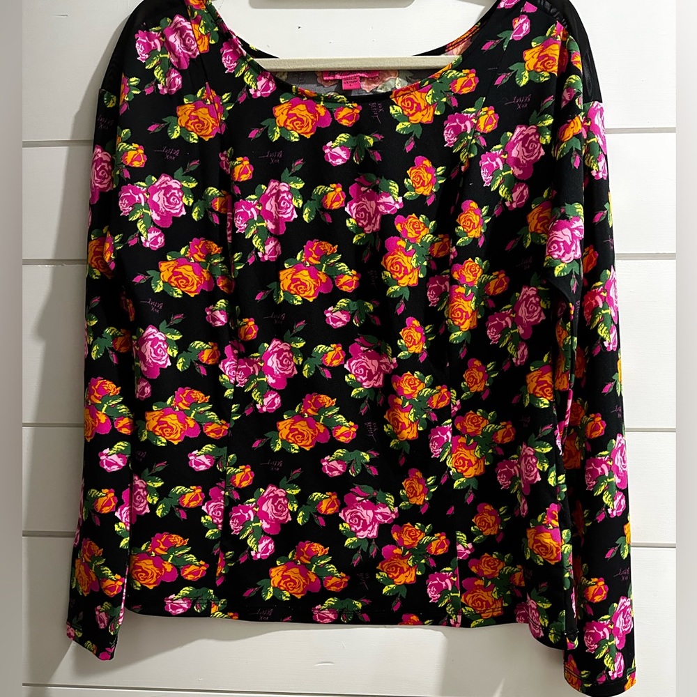 Betsey Johnson Top Y2K Floral Roses Stretch Paneled Sheer Shoulder Size Large